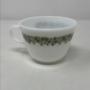Vintage Pyrex Milk Glass Coffee Cup Green Flowers Spring Blossom Crazy Daisy